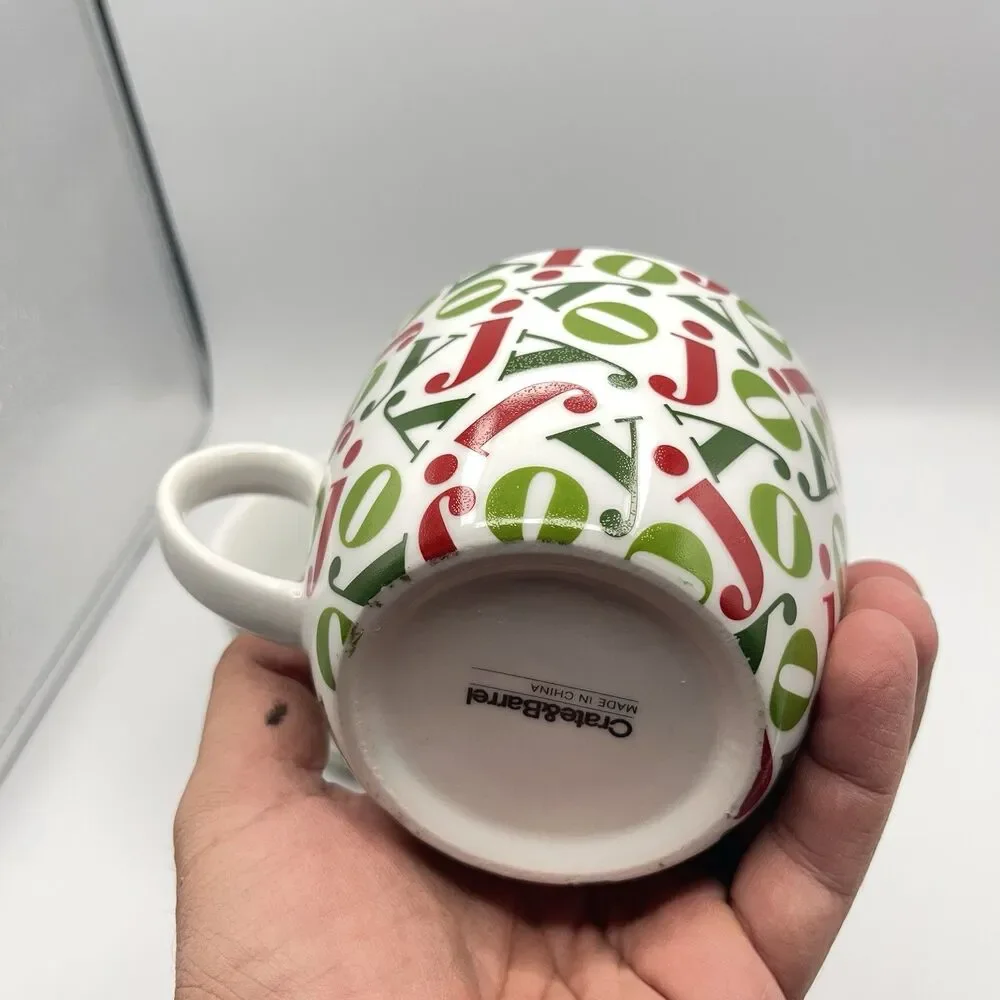 Pair Vintage Crate & Barrel 16oz JOY Mugs Holiday Christmas Red/Green Porcelain